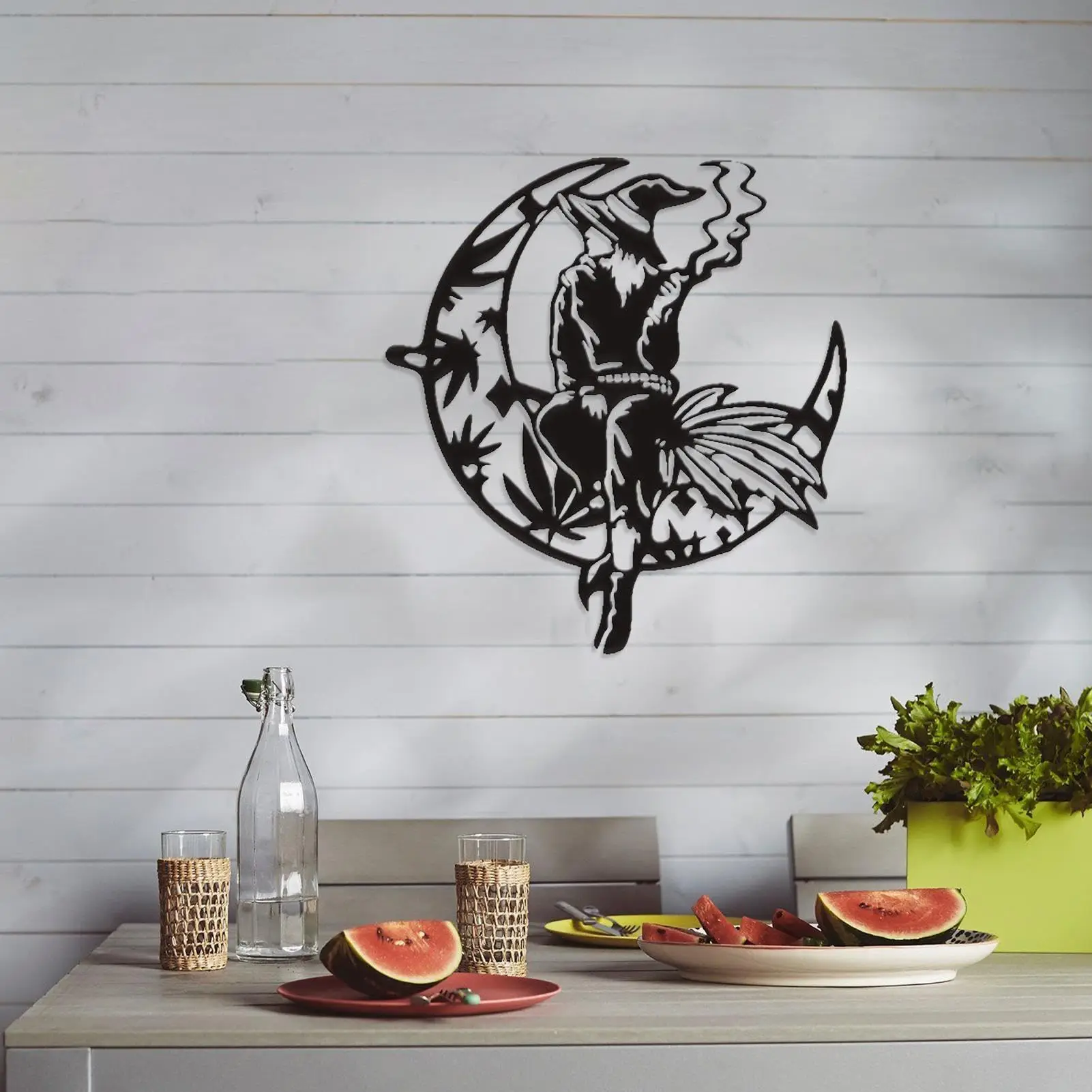

Metal Iron Halloween Moon Wall Hanging Decor Witch Weeds Metal Home Decoration Indoor Livingroom Kitchen Home Decoration Black