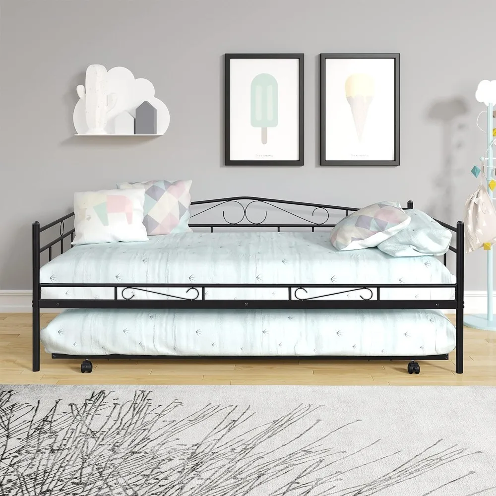 

Children's double sofa bed, sturdy metal bed frame with guardrails and casters, space saving design, springless, children's bed