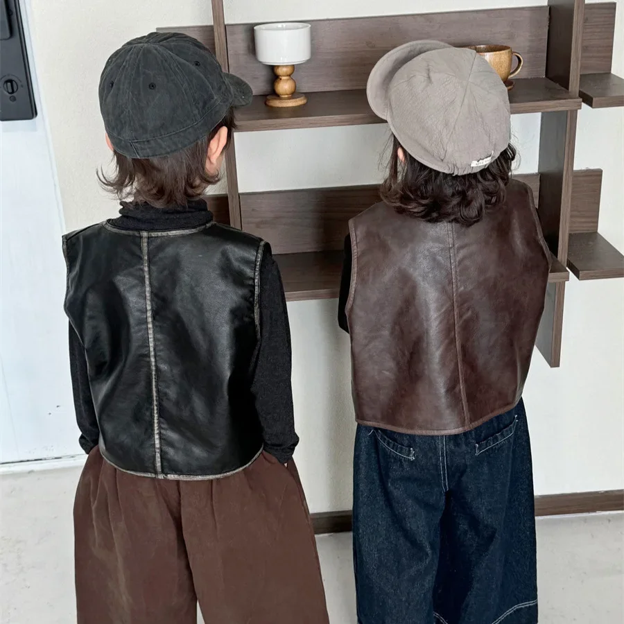 아동복 키즈 코트 2026 가을 신상 무지 가죽 조끼  남아 여아 패셔너블 가죽 코트 키즈 조끼