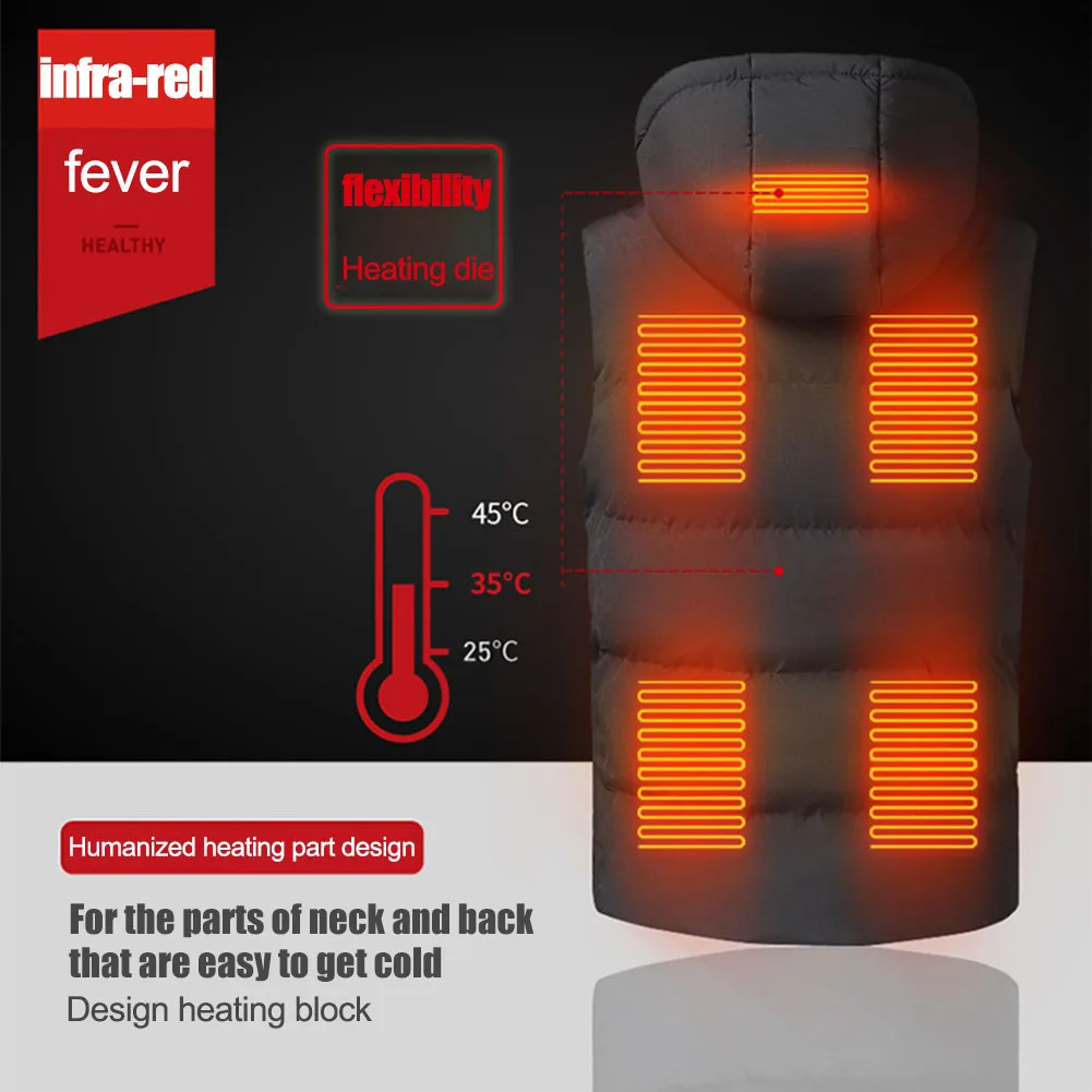 Smart Thermal Clothing Vest Autumn Winter Warm USB Electric Heated Vest Plus Size Waterproof Hooded Waistcoat for Hunting Hiking