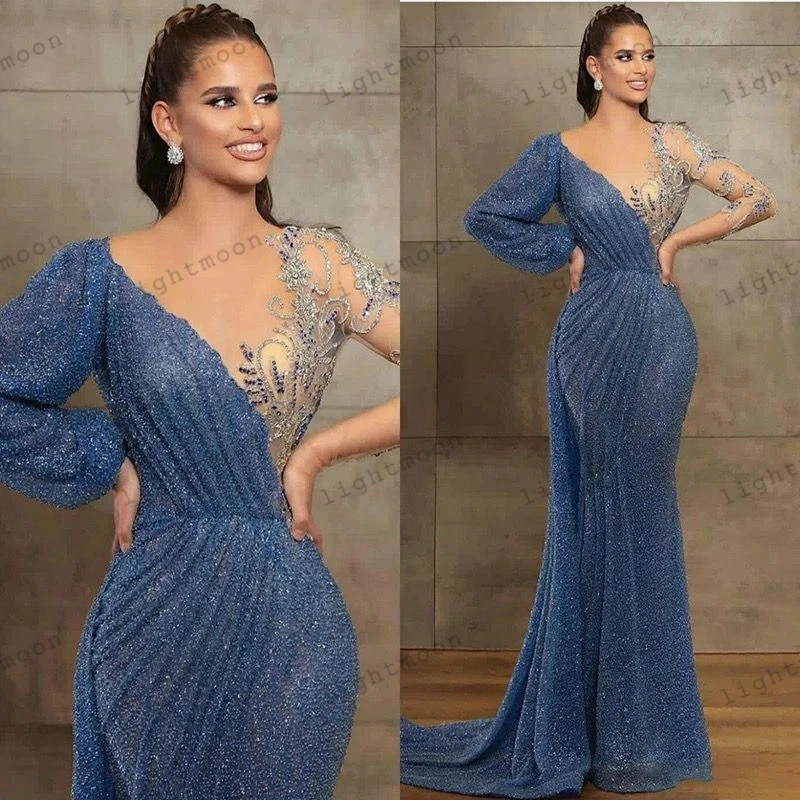 Vestidos De Noche elegantes para mujer, vestido Formal De graduación con cuello en V, vaina De sirena, mangas largas abullonadas, batas Vintage, Vestidos De Gala 2024