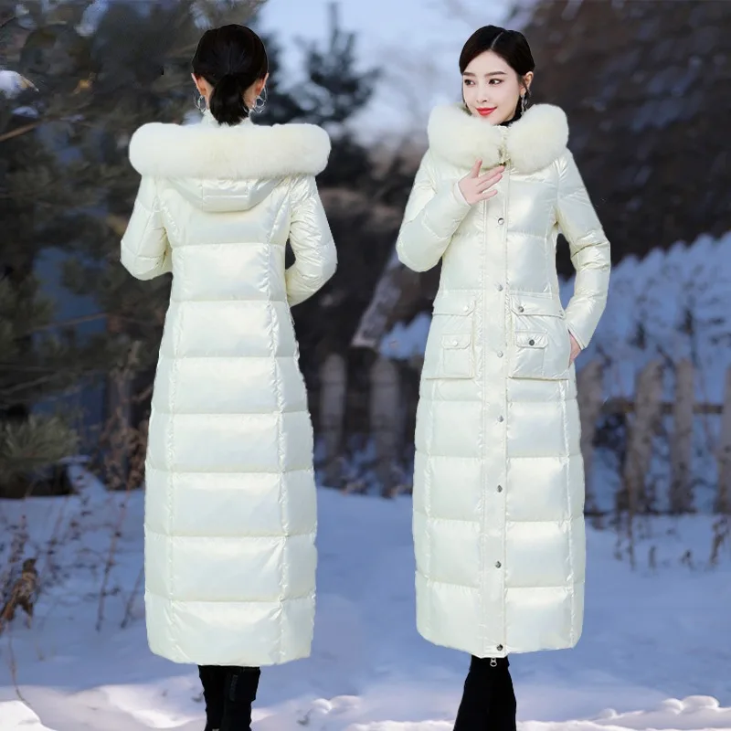 2023 New Women Down Jacket Winter Coat Female Mid Length Version Parkas Thick Warm Slim Fit Outwear Hooded Fur Collar Overcoat