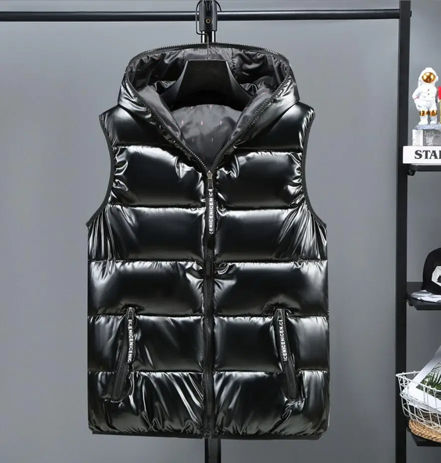 

2023 New Men Winter Bright Vests Hooded Casual Vest Waterproof Cotton Padded Sleeveless Coat Men Winter Jacket Waistcoat 6XL