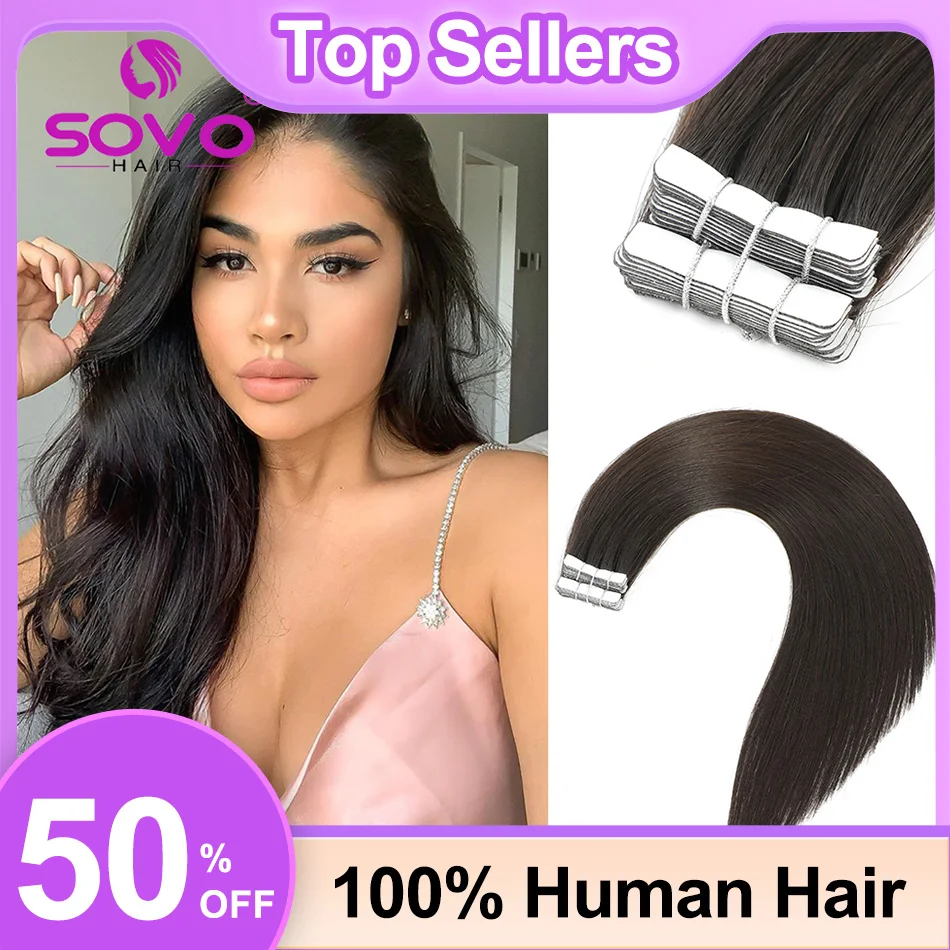 SOVO Tape In Hair Extensions 100% Human Hair Natural Color Tape Ins Brazilian Straight Seamless Skin Weft For Thin 10pcs human hair extensions,hair extensions