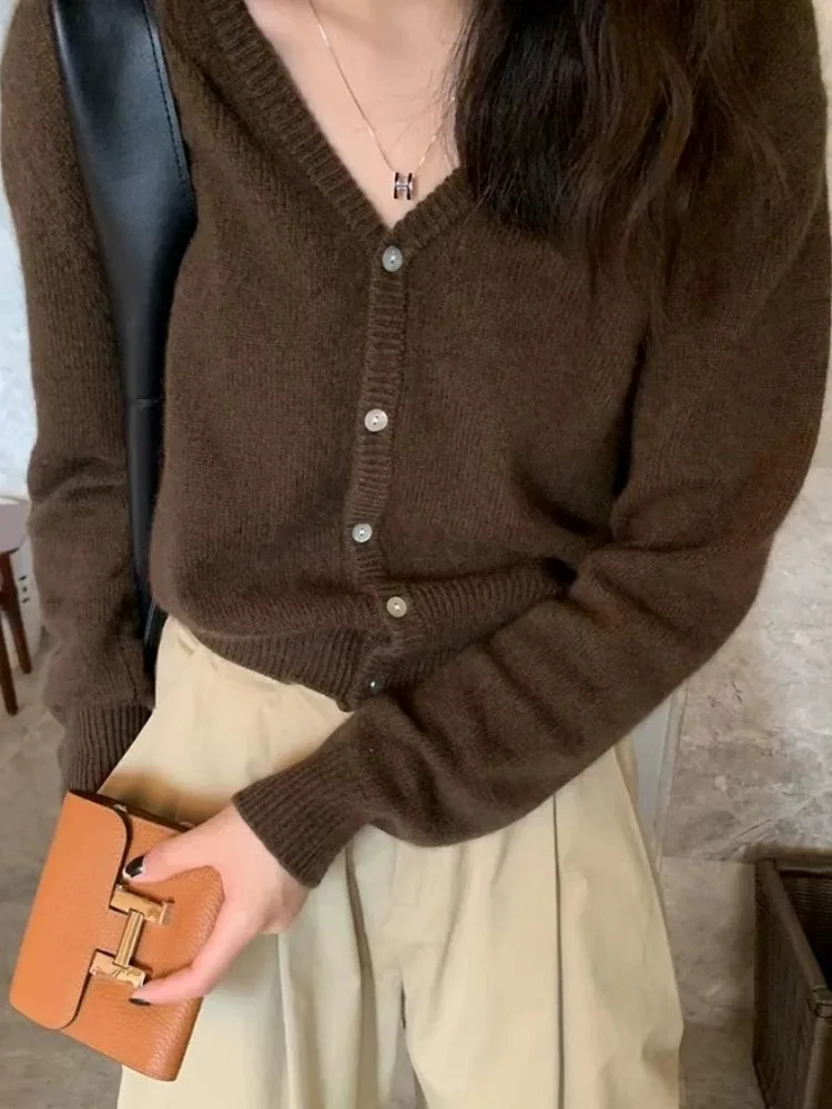 여성용 캐시미어 V넥 카디건, 루즈한 짧은 단색 스웨터, 니트 스웨터, 심플 코트, 한국 버전, 가을 신상