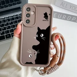 Black Cat Lanyard Phone Case with Wrist Chain Strap Cover - S22 Ultra (XG305 - Coffee - SS)