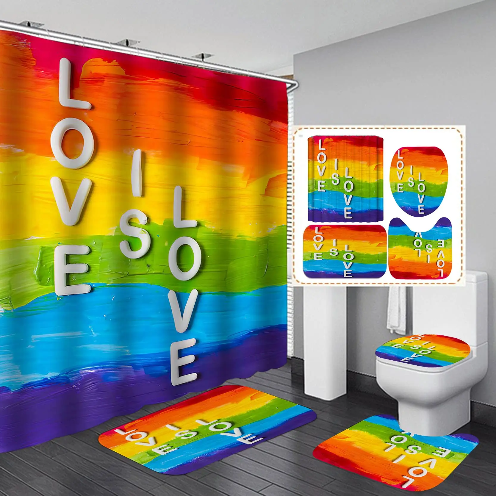 

Rainbow Pride Gay Flag Shower Curtain Set Bath Mat Bathroom Toilet Carpet Floor Rug Lesbian Peace LGBT Home Decor