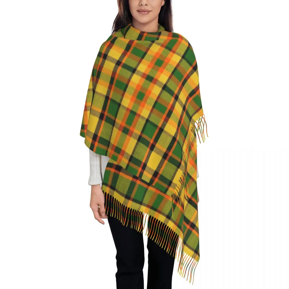 

Westy Tartan Yellow Plaid Tassel Scarf Women Soft Geometric Gingham Shawl Wrap Lady Winter Fall Scarves