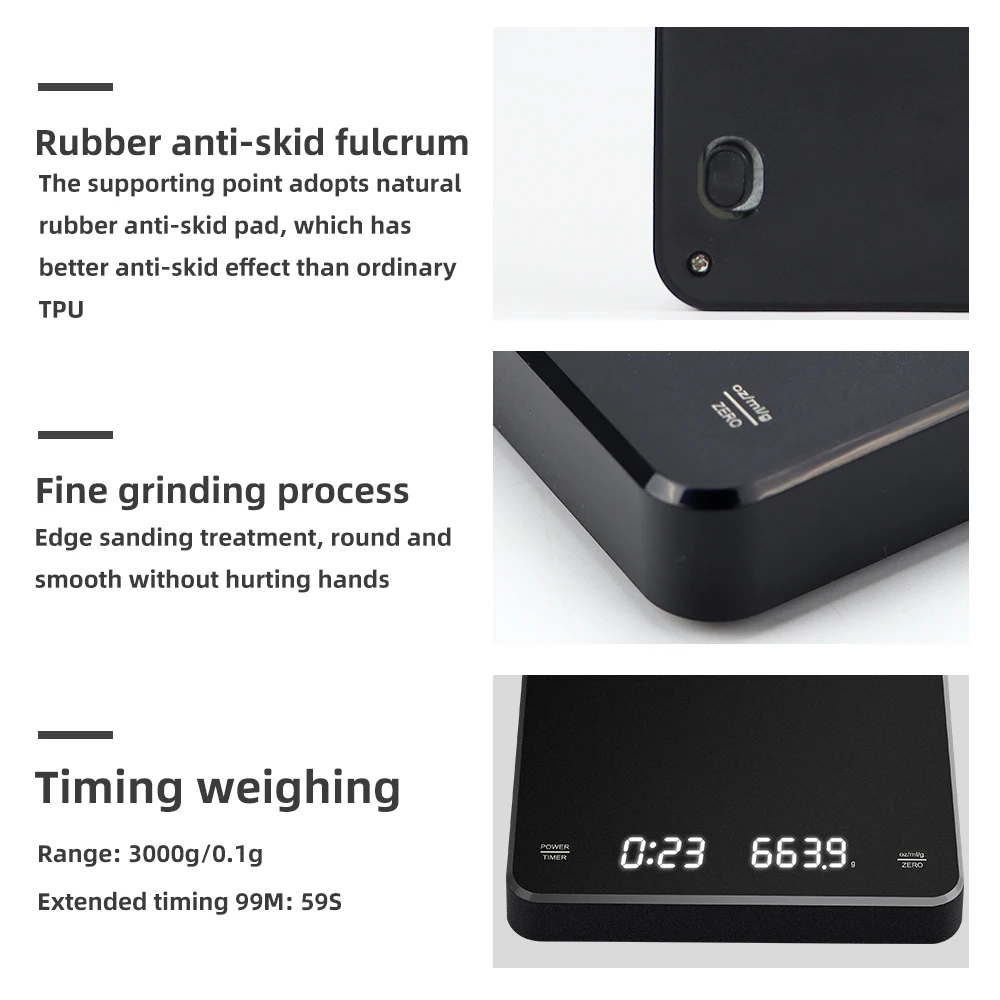 Kitchen Digital Scale 3kg/0.1g with Timer Rechargeable Electronic Smart Espresso Scales Measuring Tools