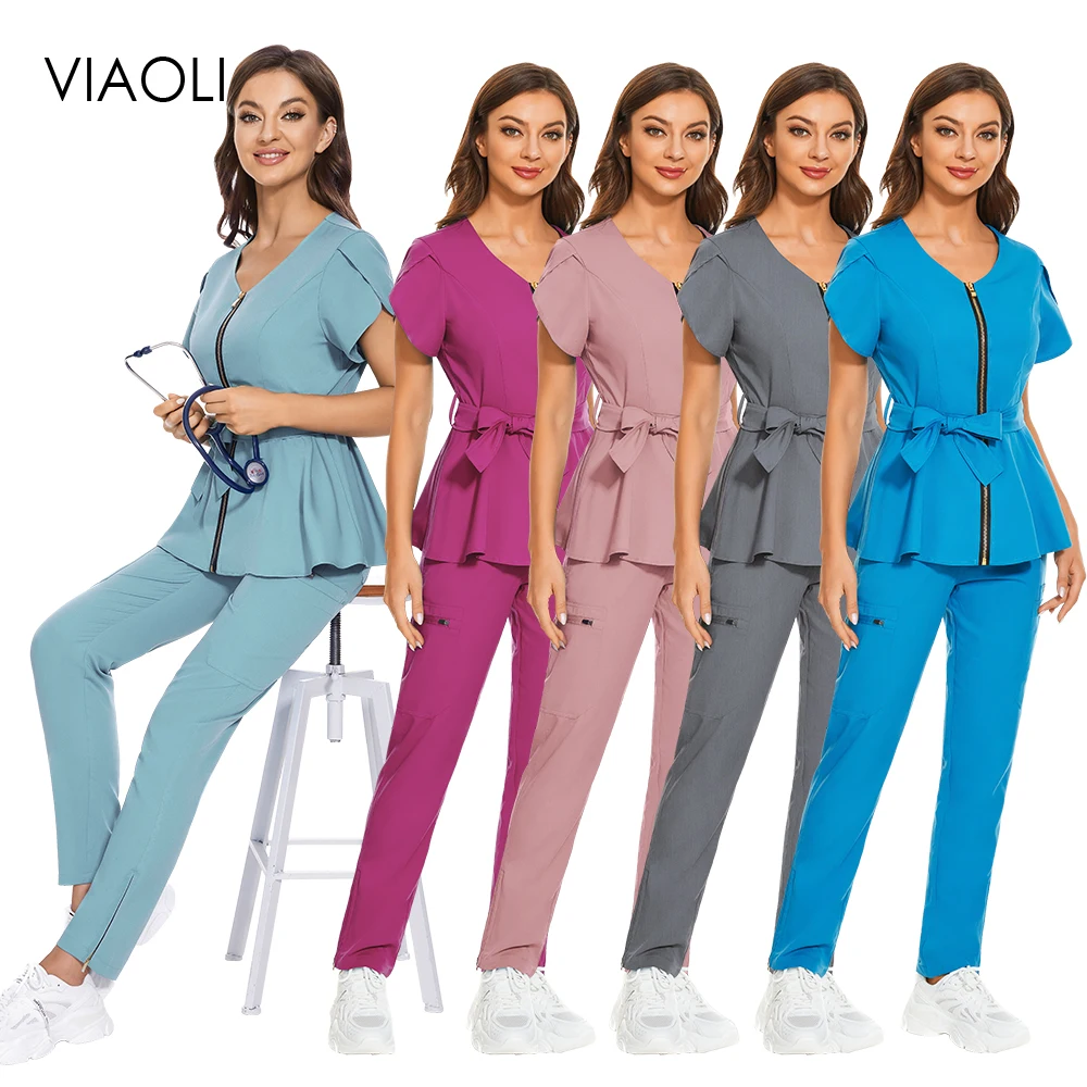 Pet Grooming Nurse Uniform Women Solid Color Scrubs Uniforms Short