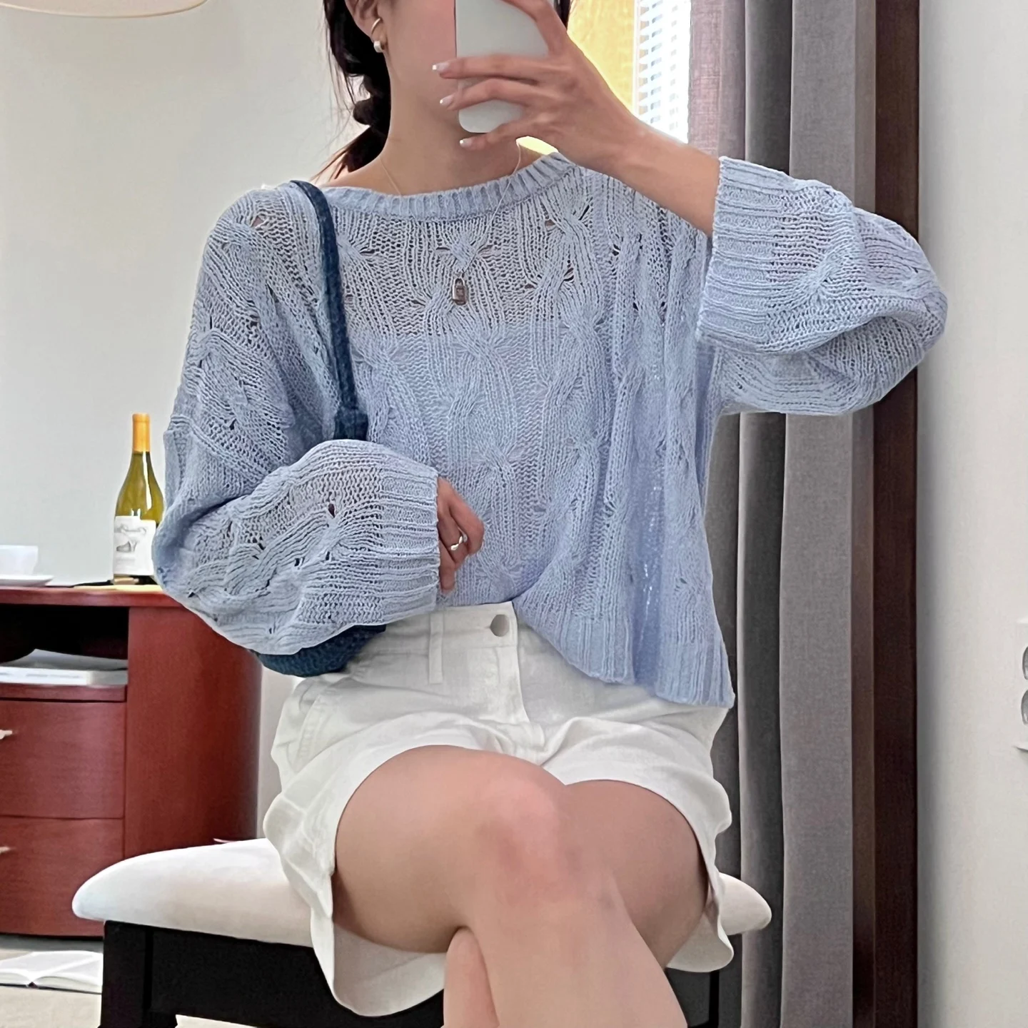 

Ice Silk Knitwear Korean Edition Plain Round Neck Thin Hollow Long Sleeve Sexy Sweater Top Coat Knitwear Pullover Spring/Summer