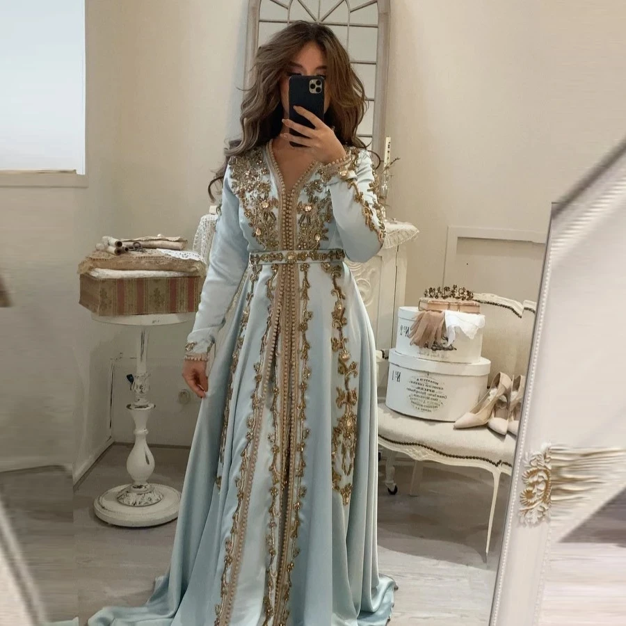 Blue Moroccan Kaftan Muslim Evening Dresses A-line Long Sleeves Appliques Dubai Arabic Turkey Abaya Islamic Gown Customized 1