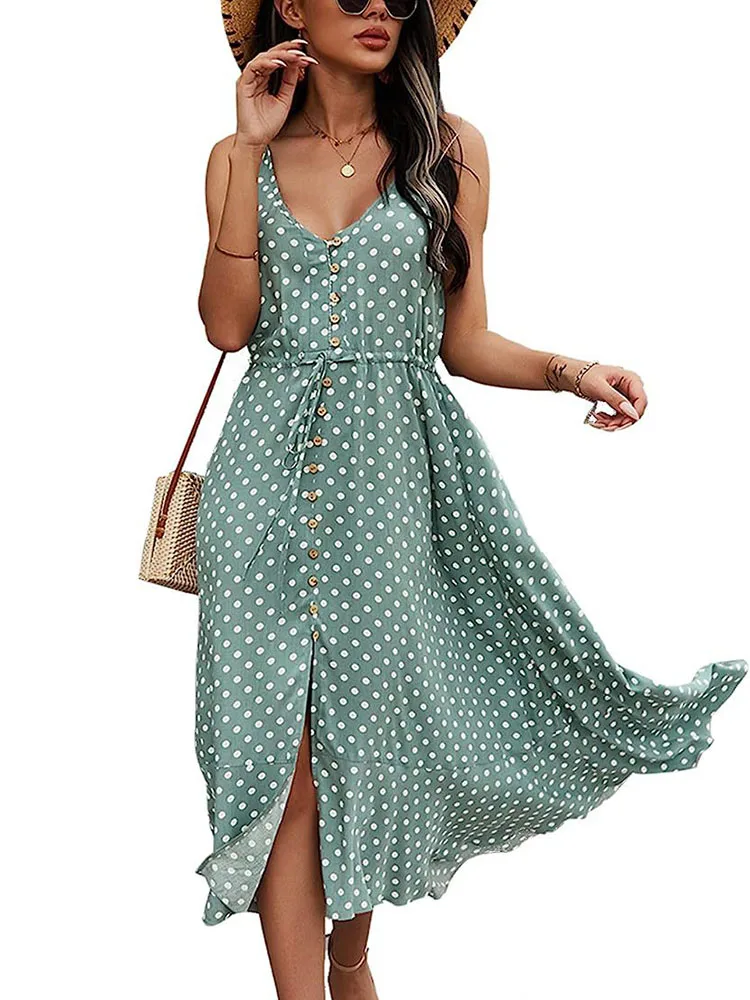 

WYWMY Polka Dot Summer Midi Dresses for Women Sleeveless V Neck Sexy Long Woman Dress Robe Sling Button Bandage Dress Vestidos
