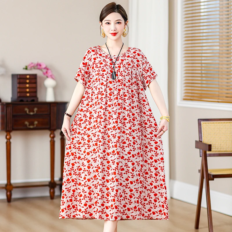 Middle Aged Women's Elegant Loose Dresses Korean Style 2024 New Summer  Vintage Print Long Dress for Women Summer Clothes - AliExpress 200000345