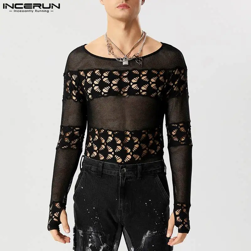 

INCERUN 2024 Sexy Fashionable New Men Rompers See-through Hollow Mesh Design Jumpsuits Male Long Sleeve Triangle Bodysuits S-5XL