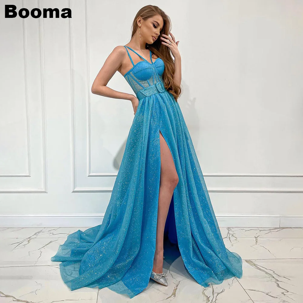 

Booma Shiny Blue A Line Prom Party Dresses Seetheart Leg Slit Bone Corset Formal Evening Dresses for Women Events Celebrate Gown