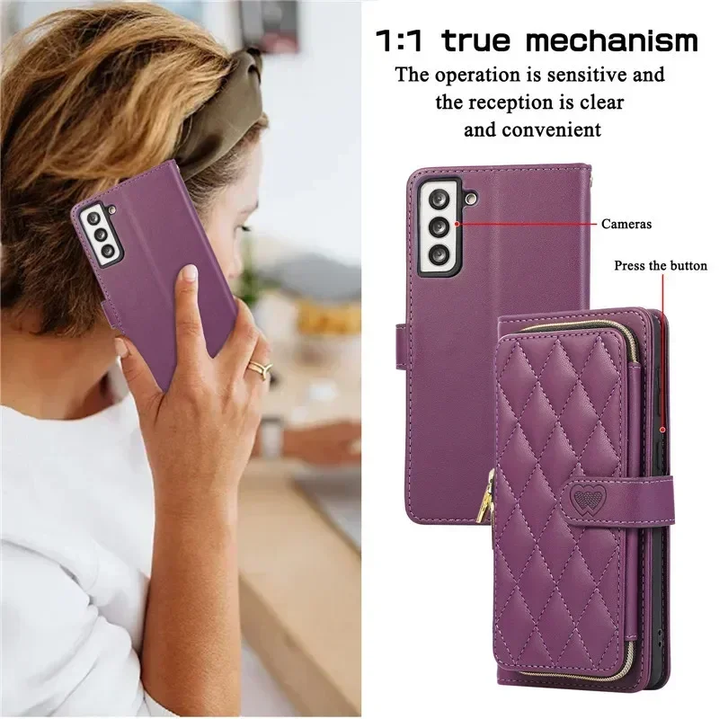 Crossbody Lanyard Zip Leather Wallet Phone Case with Wrist Strap and Flip Cover