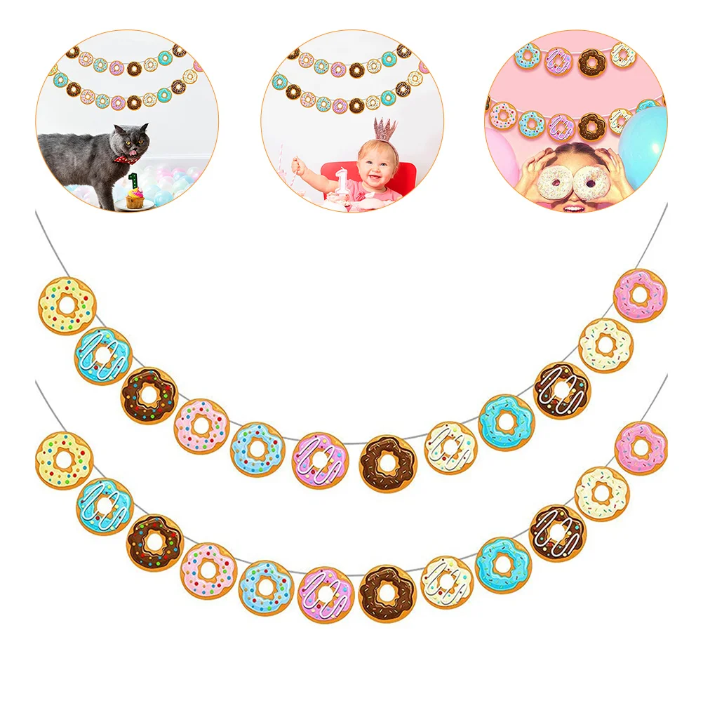 

2 Pcs Donut Pull Flag Party Decorations Birthday Decors Paper Doughnut Banner Banners Dount Theme for