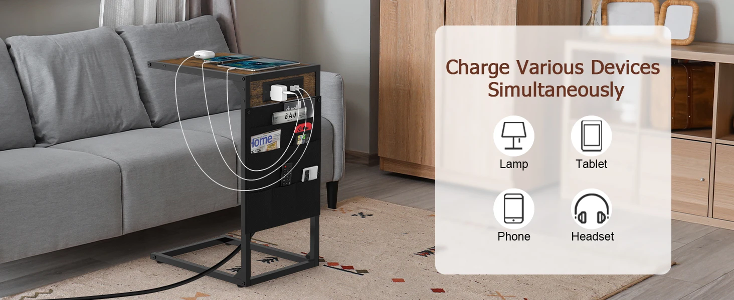 C Shaped End Table with Charging Station