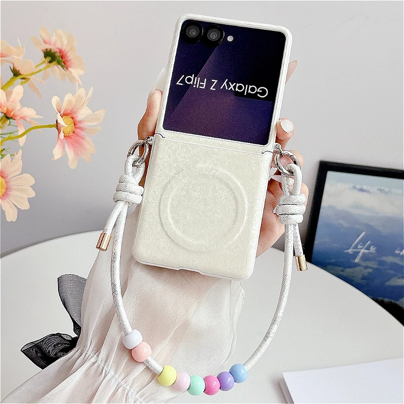 Luxury Shell Leather Magnetic Case with Chain for Flip Phones - Hinge Shockproof Cover