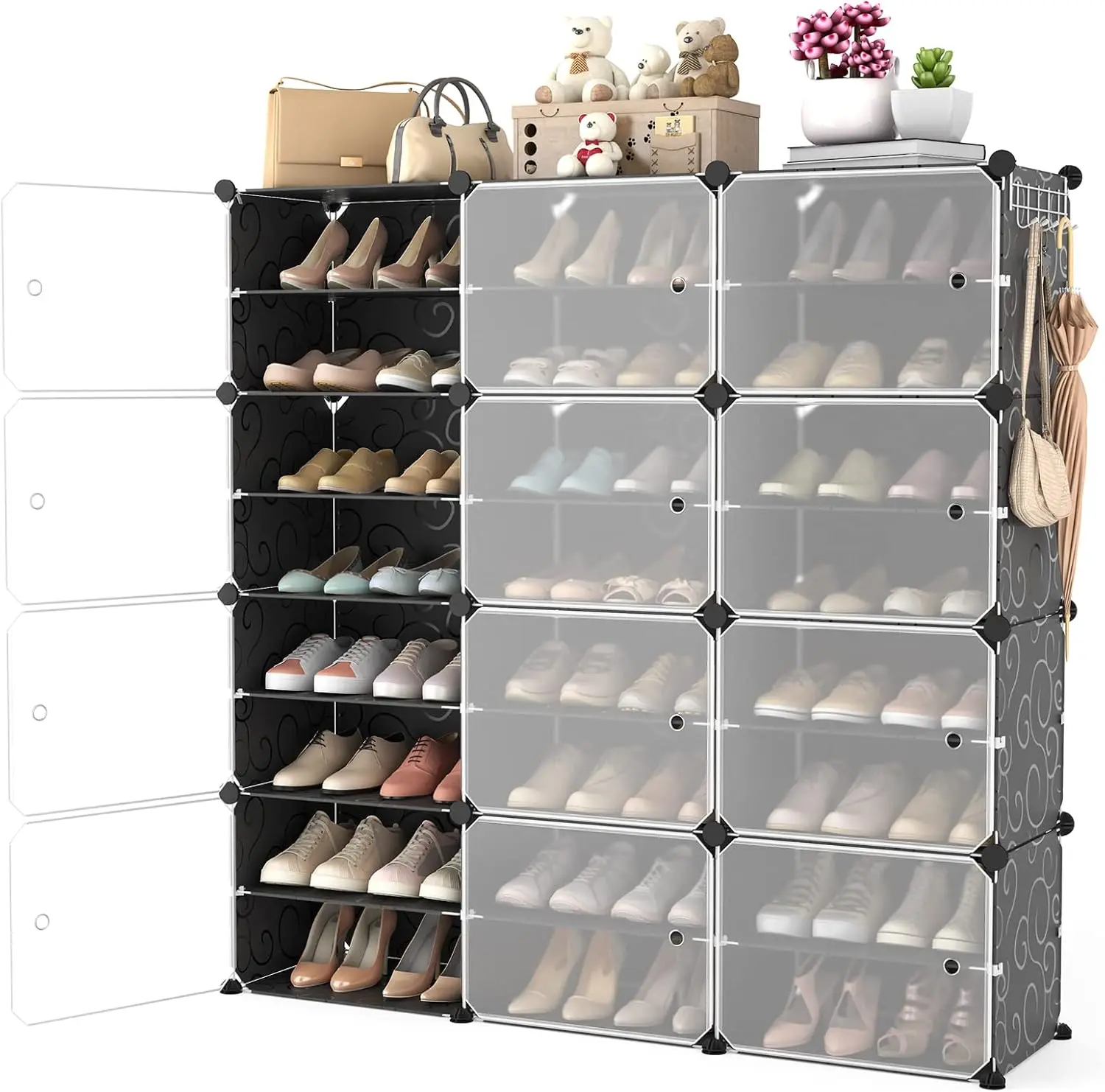 Portable Shoe Rack with Door, 48-Pair Storage Cabinet, Easy Assembly Stackable Adjustable Black