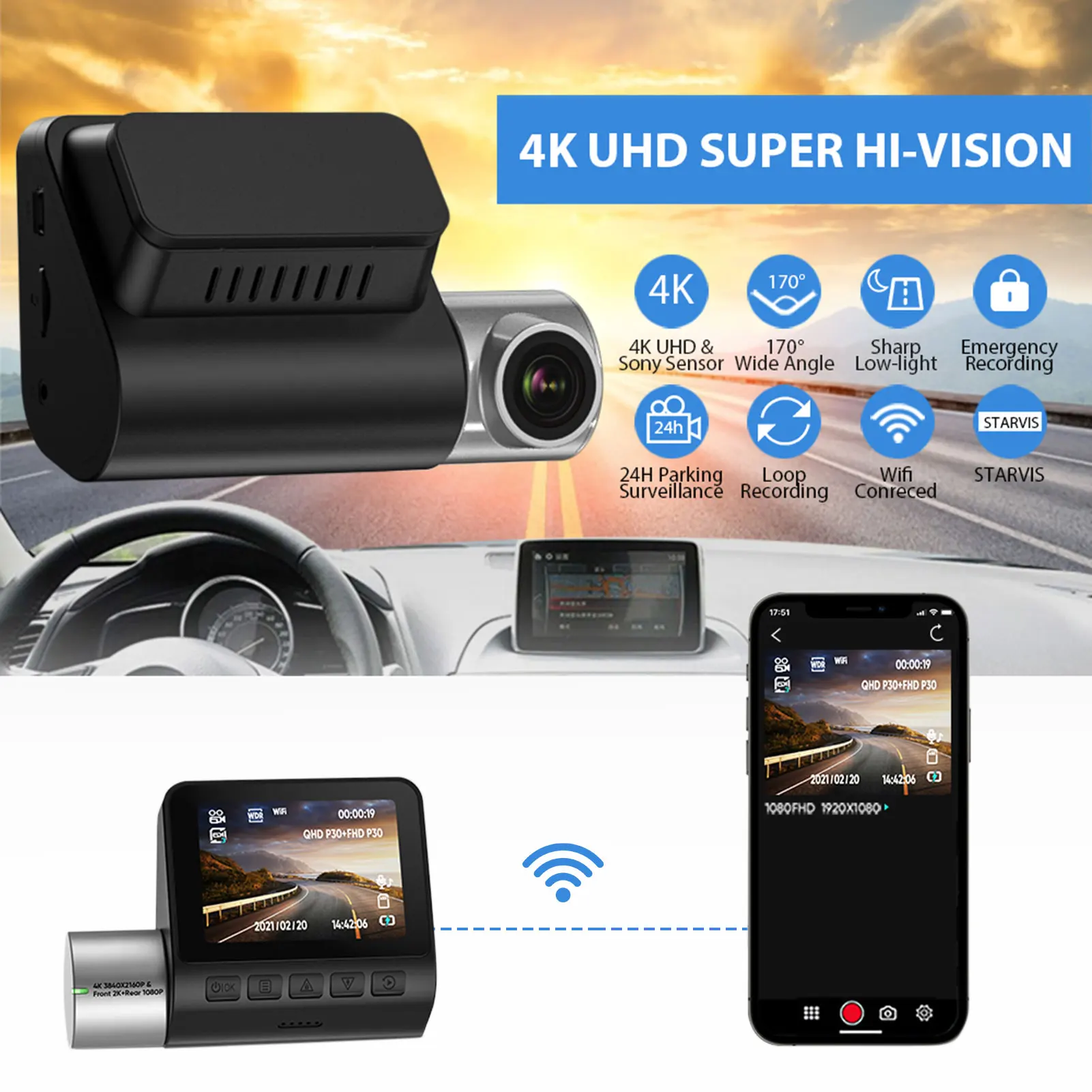 

4K Dash Cam Dual Lens Car Camera DVR 170 Wide Angle Car Mirror Recorder Wi-Fi G-Sensor Motion Parking Monitor Rear Cam Recorder