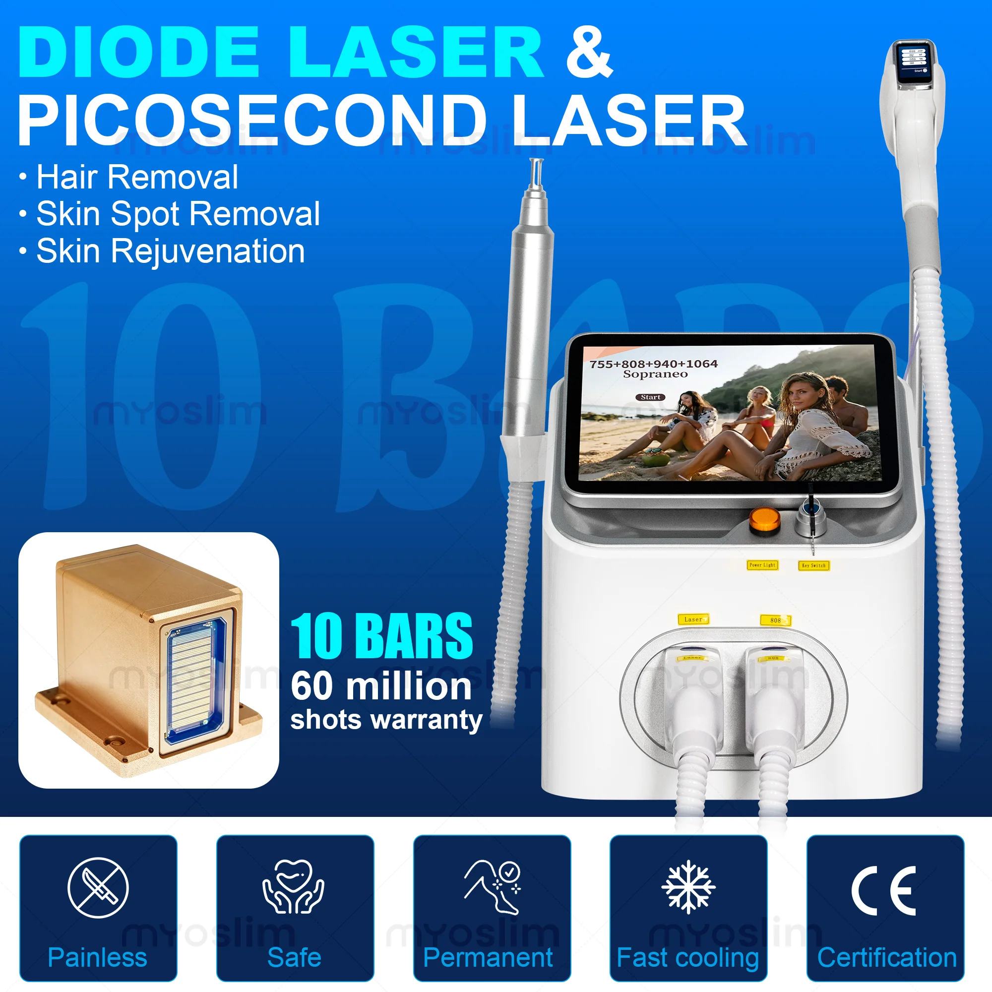 NEW 5000W FAC 10 Bars 2IN1 Diode Laser Picosecond Machine Ice Painless Hair Removal Tattoo Pigment Scar Removal 4 Waves 808NM 1