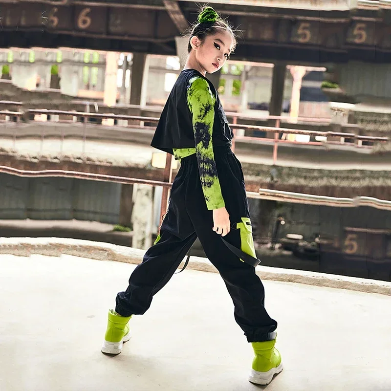 Girls Green Crop Tops Vest Cargo Pants Kids Catwalk Modern Jazz Performance Wear Stage Costume Hip Hop Dance Clothes