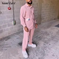 Streetwear Mens Fashion Two Piece Set 2023 Autumn Casual Turn-down Collar Long Sleeve Ribbed Corduroy Shirts And Pants Men Suits