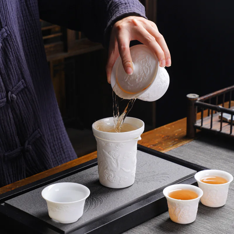 White porcelain gaiwan Ceramic Dragon and Phoenix Presentation Handmade double-sided Kung Fu Drinkware 160ml tea set