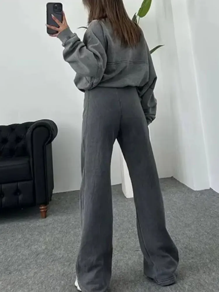 HH Bomber Jacket Pant Sets For Women Casual Long Sleeve Zipper Coat Vintage Solid Sweatshirt Outfits Autumn Woman Streetwear