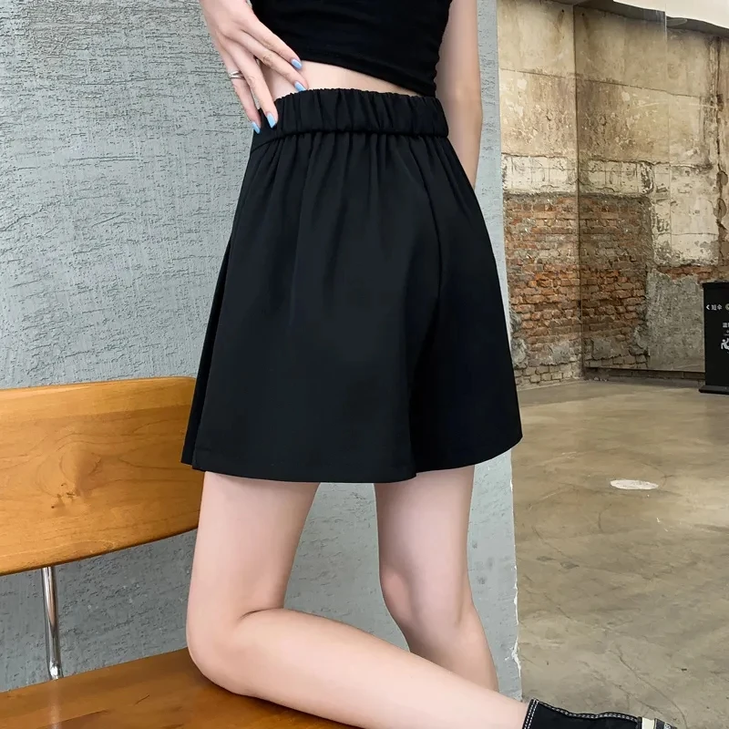 Large size high waisted wide leg girl shorts short feminina Slim fit A-line pants pleated black casual Women's summer new shorts