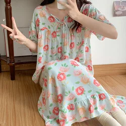 Cotton Rayon Nightwear Women Korean Loose Summer Nightgowns Female Printing Sleepwear Long Dress Sweet Girl's Nightdress