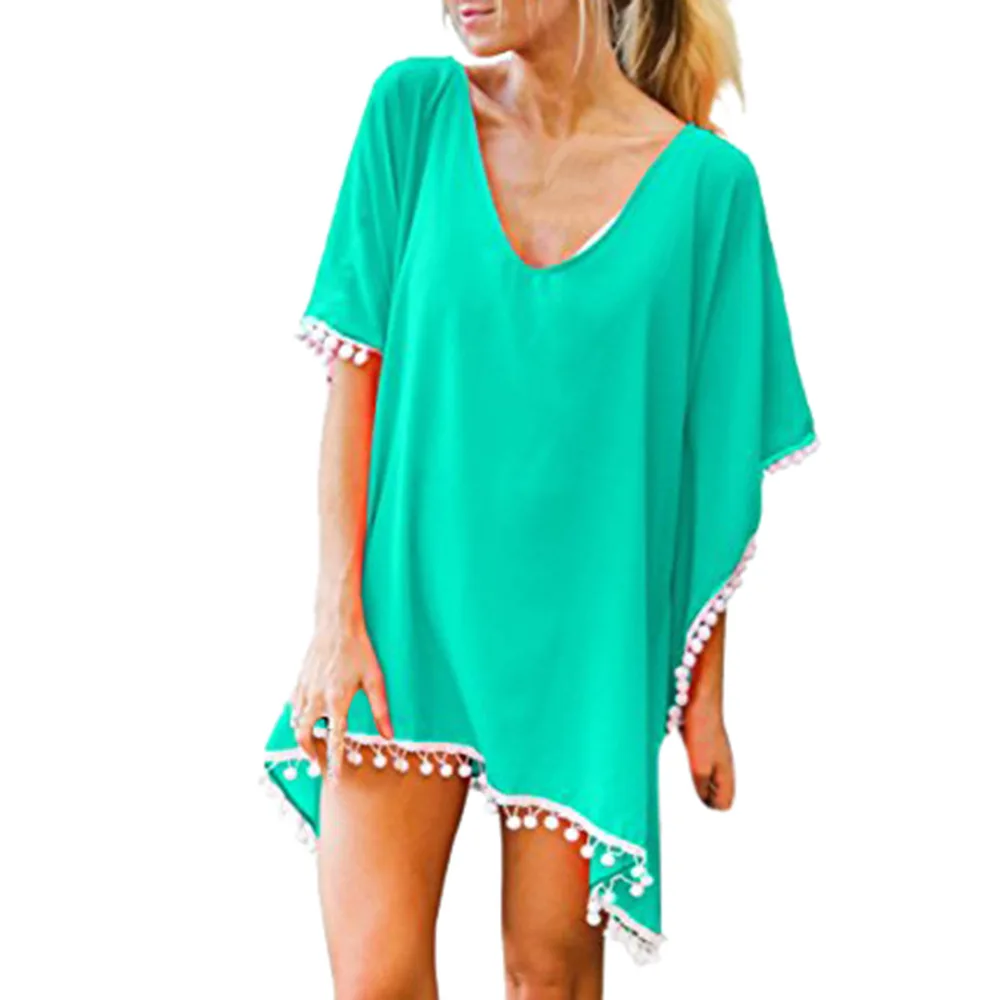 

2023 Spring Summer Seaside Holiday Beach Blouse Casual Breathable Solid Color Chiffon Fringed Women Beach Skirt Blouse Green