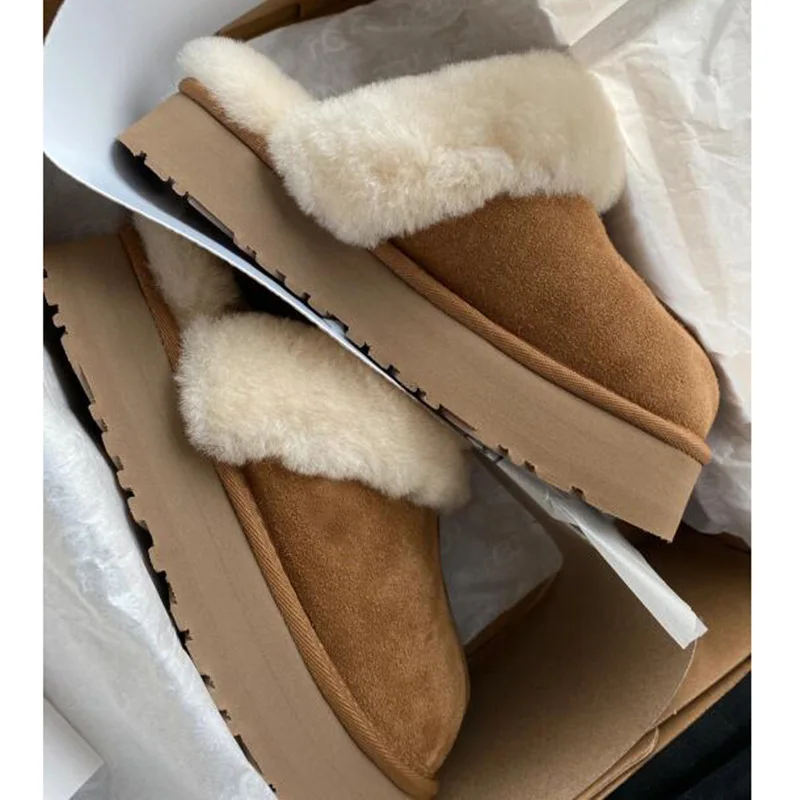 

Women wool slipper genuine leather slide shearling winter moccasin home cotton shoes for cold weather chunky heel scuff