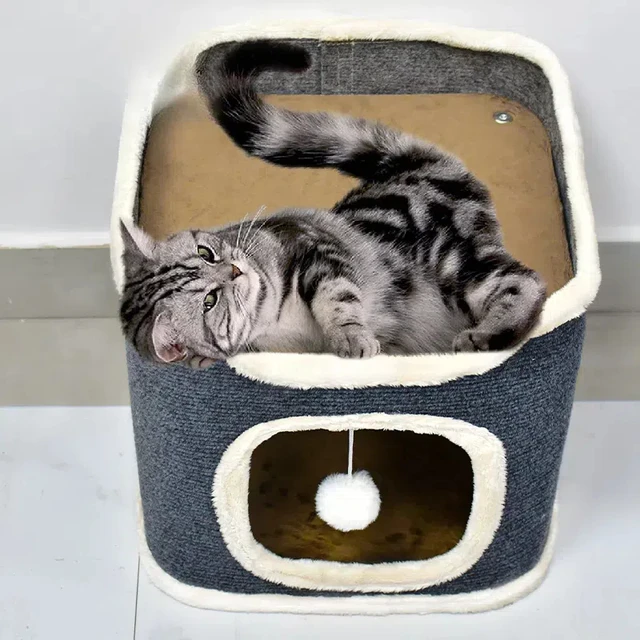 3-tiers Cat Bed winter Pet House Covered Cave with soft mat Large Hideaway Cat Tent with Fluffy Ball Hanging 5
