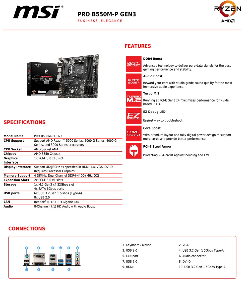 Description Picture 5 of itemMSI PRO B550M-P GEN3 AMD Gaming Motherboard AM4 DDR4 M.2 Supports Ryzen CPU R3 R5 R7 5000&3000 Series Desktop Computer Mainboard