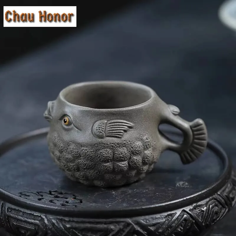 60ml Chinese Yixing Zisha Teacup Handamde Biomimetic Puffer Master Cup Raw Ore Green Grey Mud Purple Clay Tea Bowl Kung Fu Set