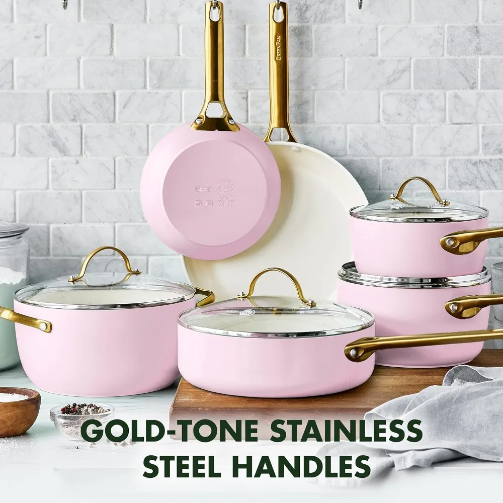 

GreenPan Gold Handle, PFAS-Free Reserve Hard Anodized Healthy Ceramic Nonstick 10 Piece Cookware Pots and Pans Set