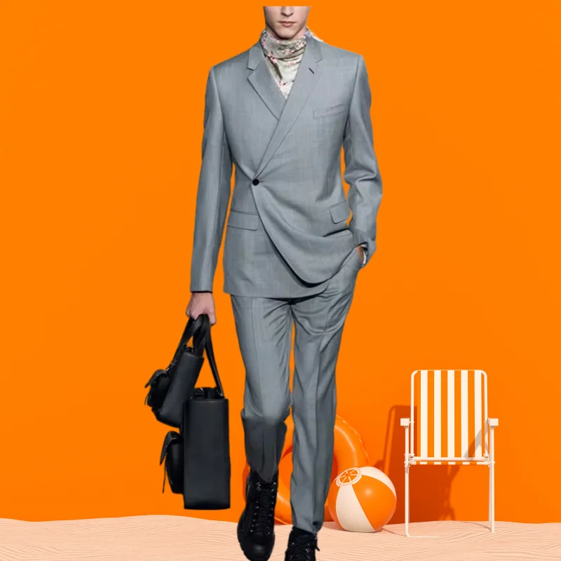 New popular one button design gray suit handsome men jacket pants groom wedding slim fit tuxedo Trajes de hombre costume