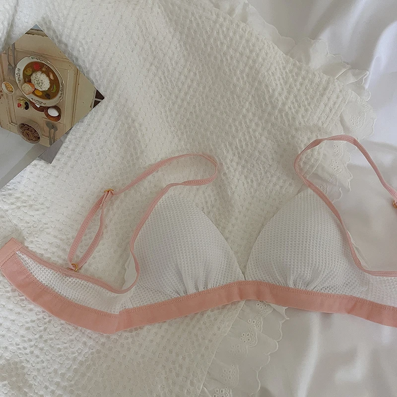 Japanese simple solid color bralette summer thin thin straps small chest lingerie gathered bra girl triangle cup underwear