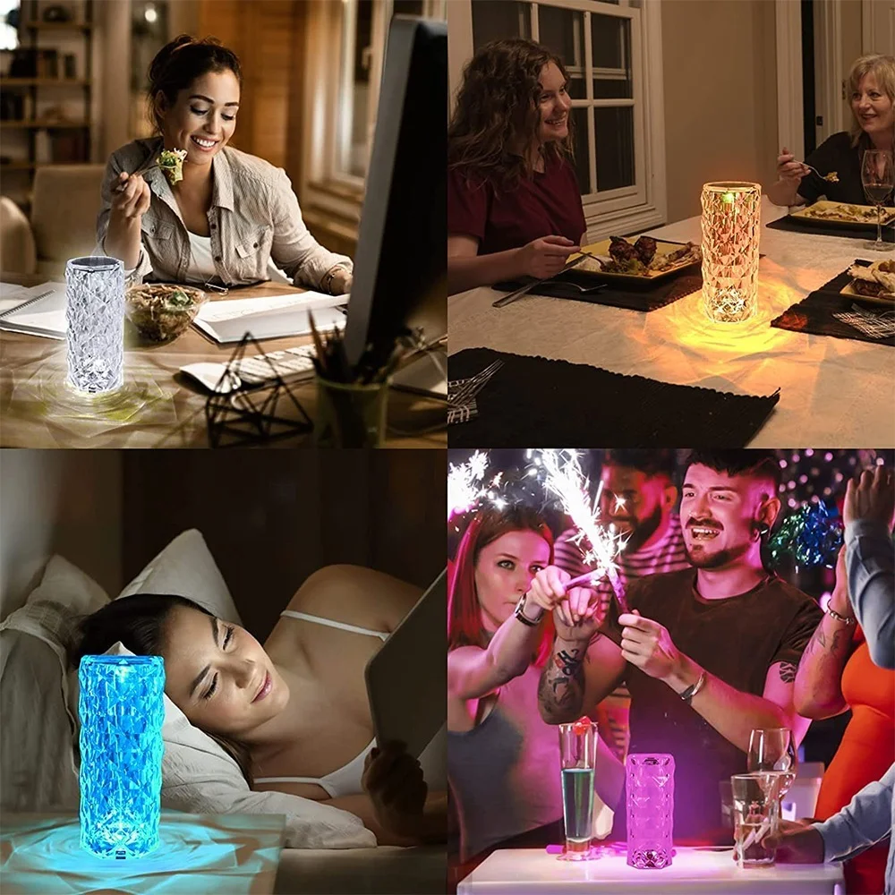 LED Crystal Table Lamp Rose Light Projector 3/16 Colors Touch Adjustable Romantic Diamond Atmosphere Light USB Touch Night
