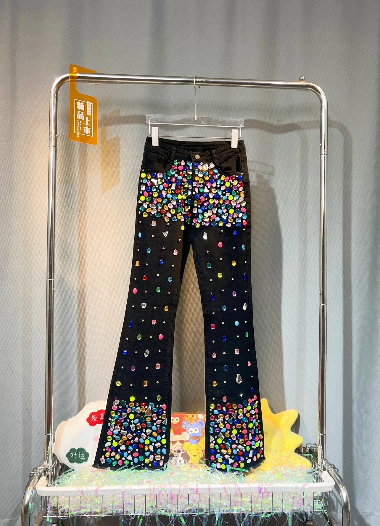 Women Autumn Winter Handmade Diamonds Beaded Long Denim Pants High 