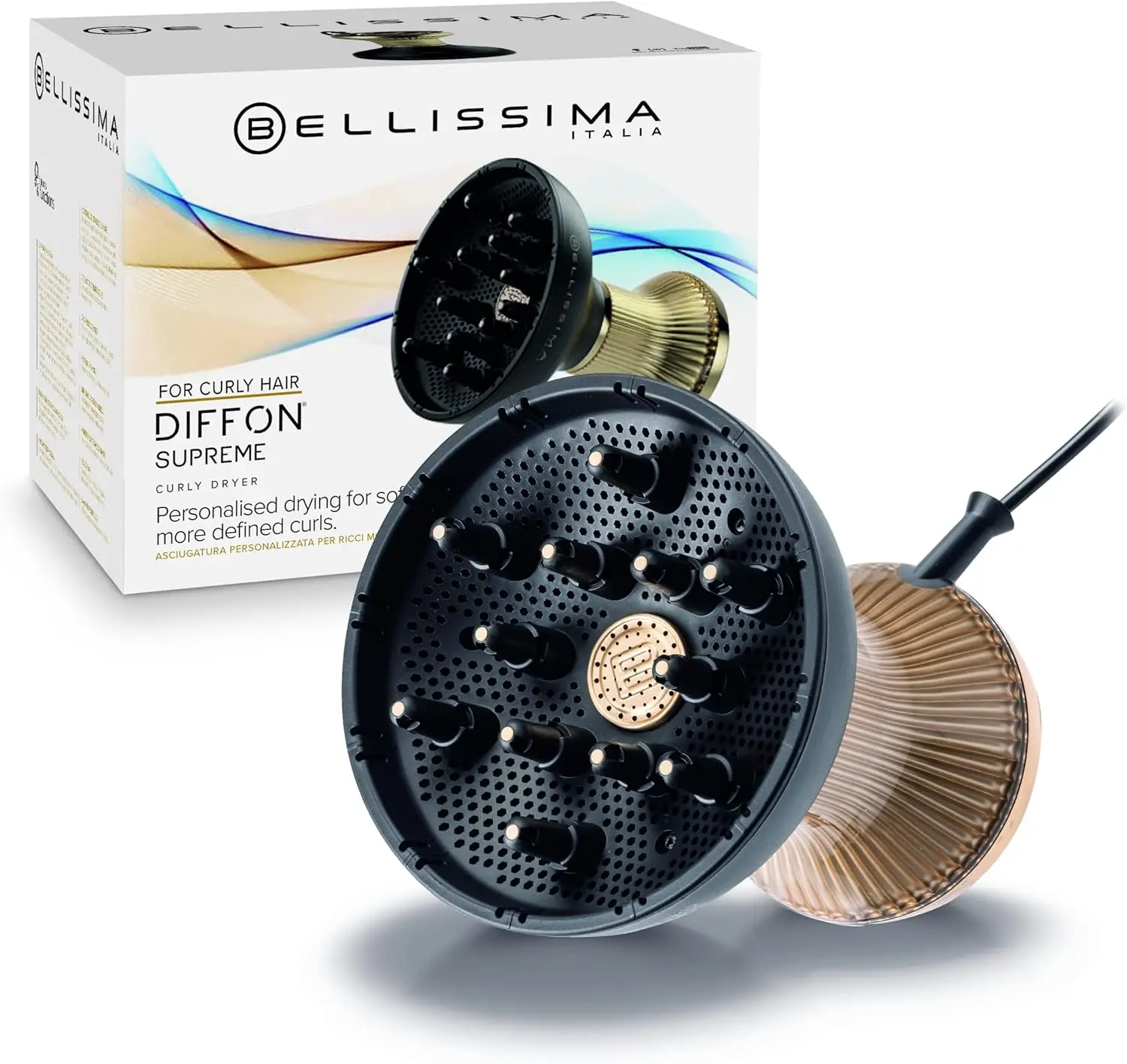 Italia Diffon Supreme Diffuser & Curly Hair Dryer-XL Diffuser for Quick Drying-Cool Button Anti-Frizz Technolog