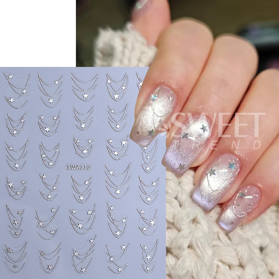 2pcs Metallic Star Line Nail Stickers Holographic Gold Silver Stripes French Line Nail Decals Sliders DIY Manicure Decoration