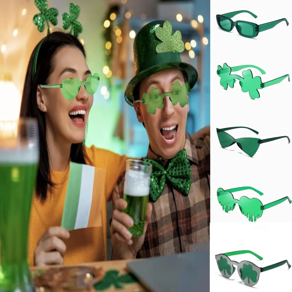 

Rimless Fashion Green Four Leaf Clover Glasses Leprechaun Costume Glasses St. Patrick's Day Irish Shamrock Sunglasses