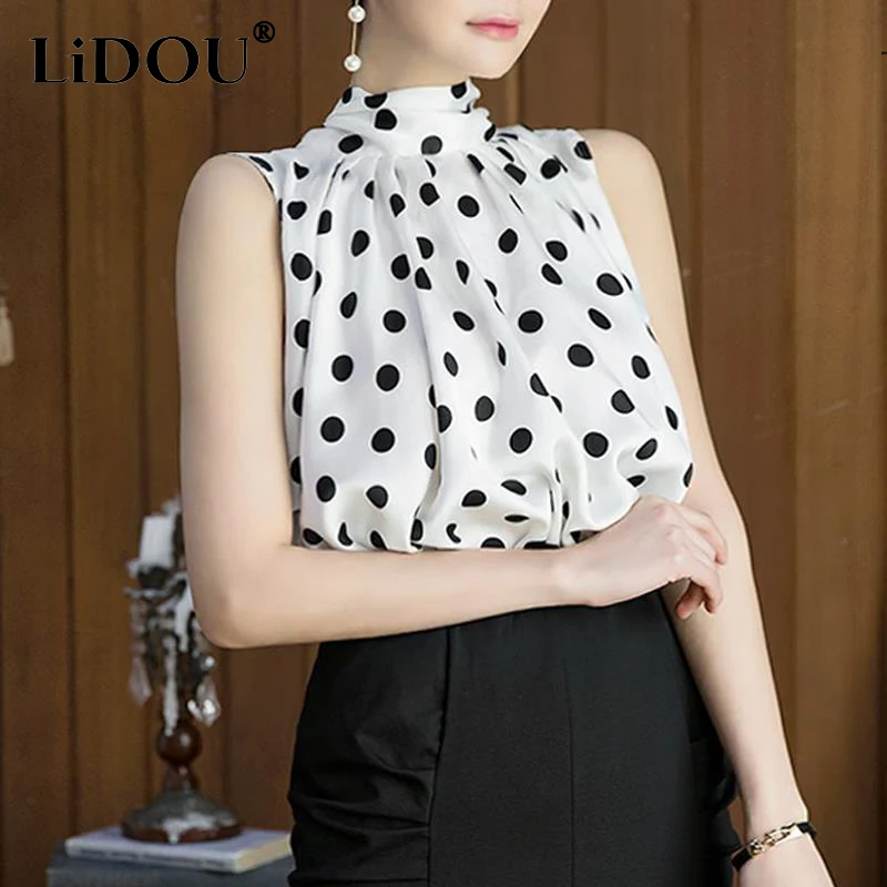 2023 Summer New Polka Dot Print Lace Up Elegant Fashion Chiffon Shirt Lady Sleeveless Sexy All-match Pullover Top Women Blouse