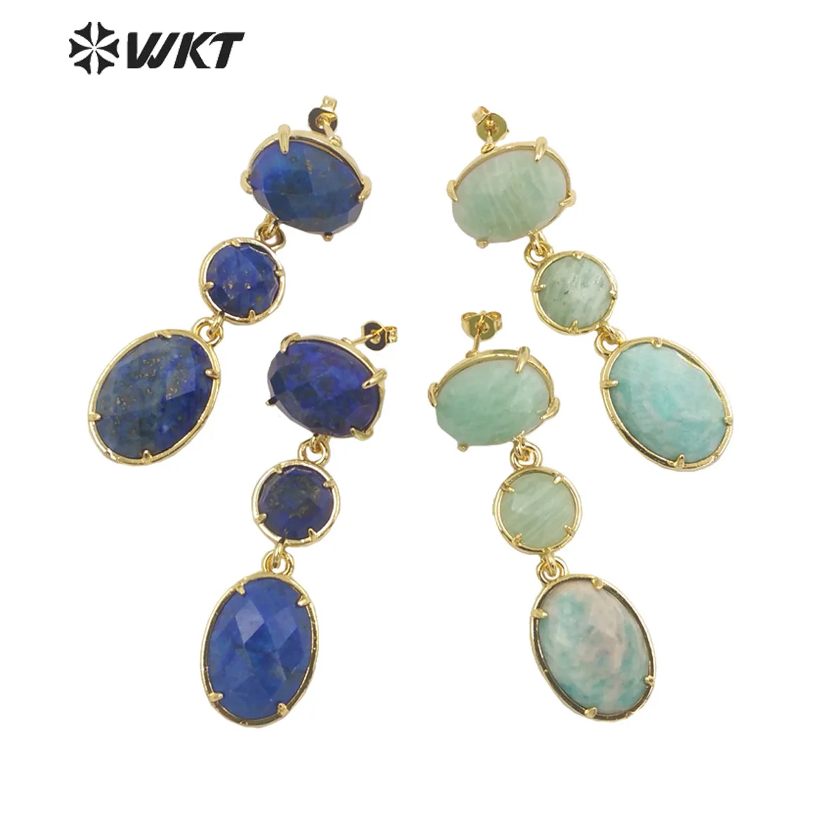 WT-E690 Amazing Gorgeous Fashion Triple Stone Earrings Precious 18k Real Gold Plated Resist Tarnish Prong Setting Dangle Studs