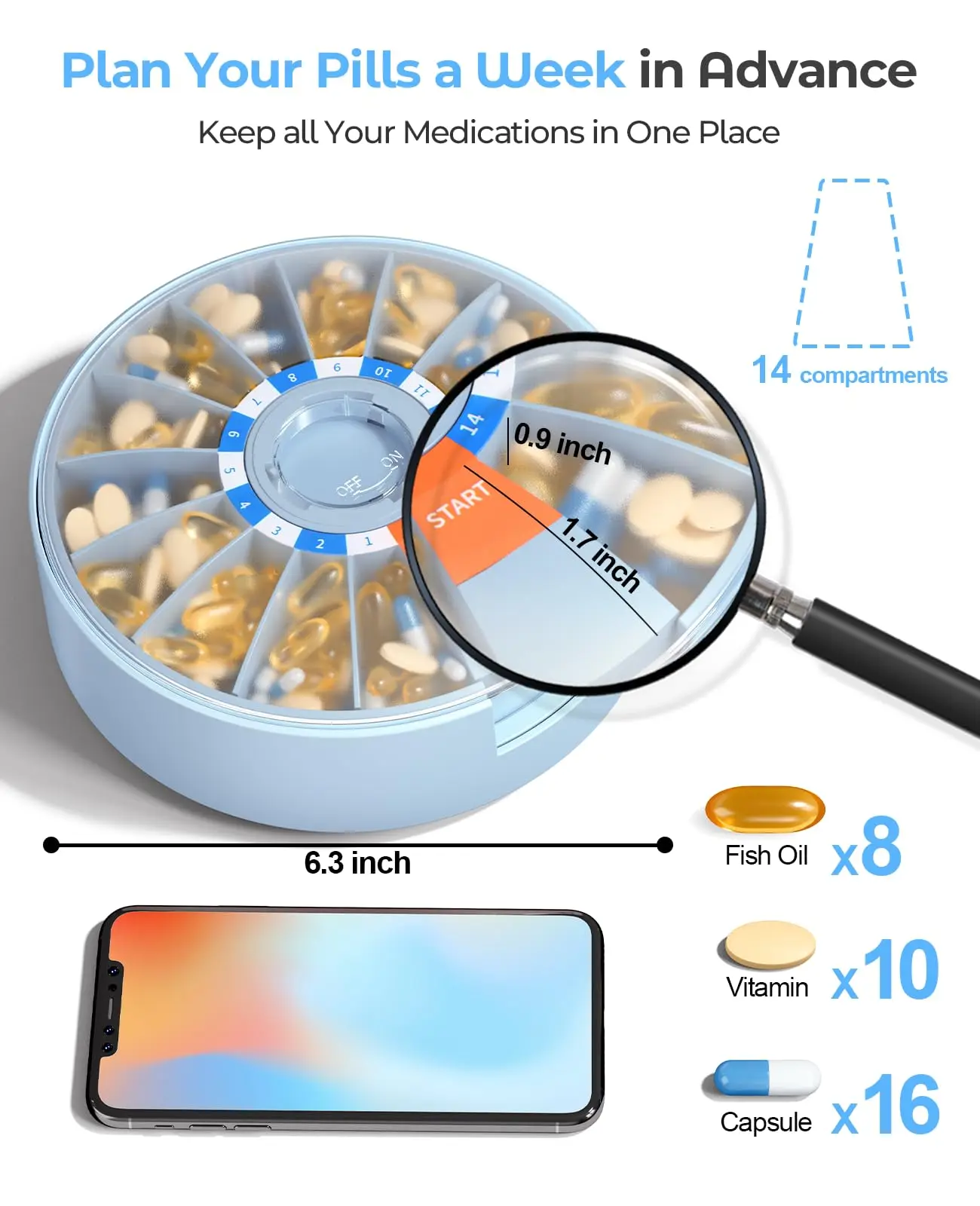 Extra Large Weekly AM/PM Pill Dispenser with Wall Mountable and Freestanding Design