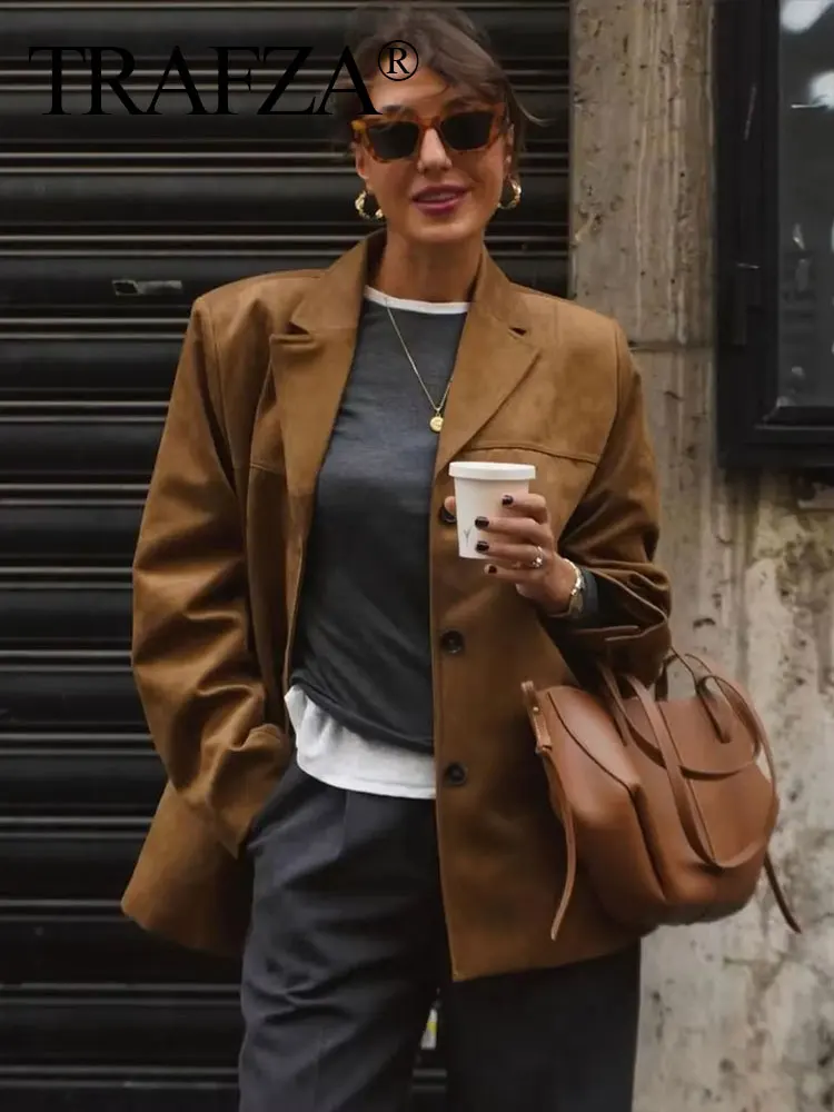 HH Women Vintage Brown Suede Blazer Coat Single Breasted Long Sleeve Lapel Jacket With Pockets Casual Office Lady Outerwear